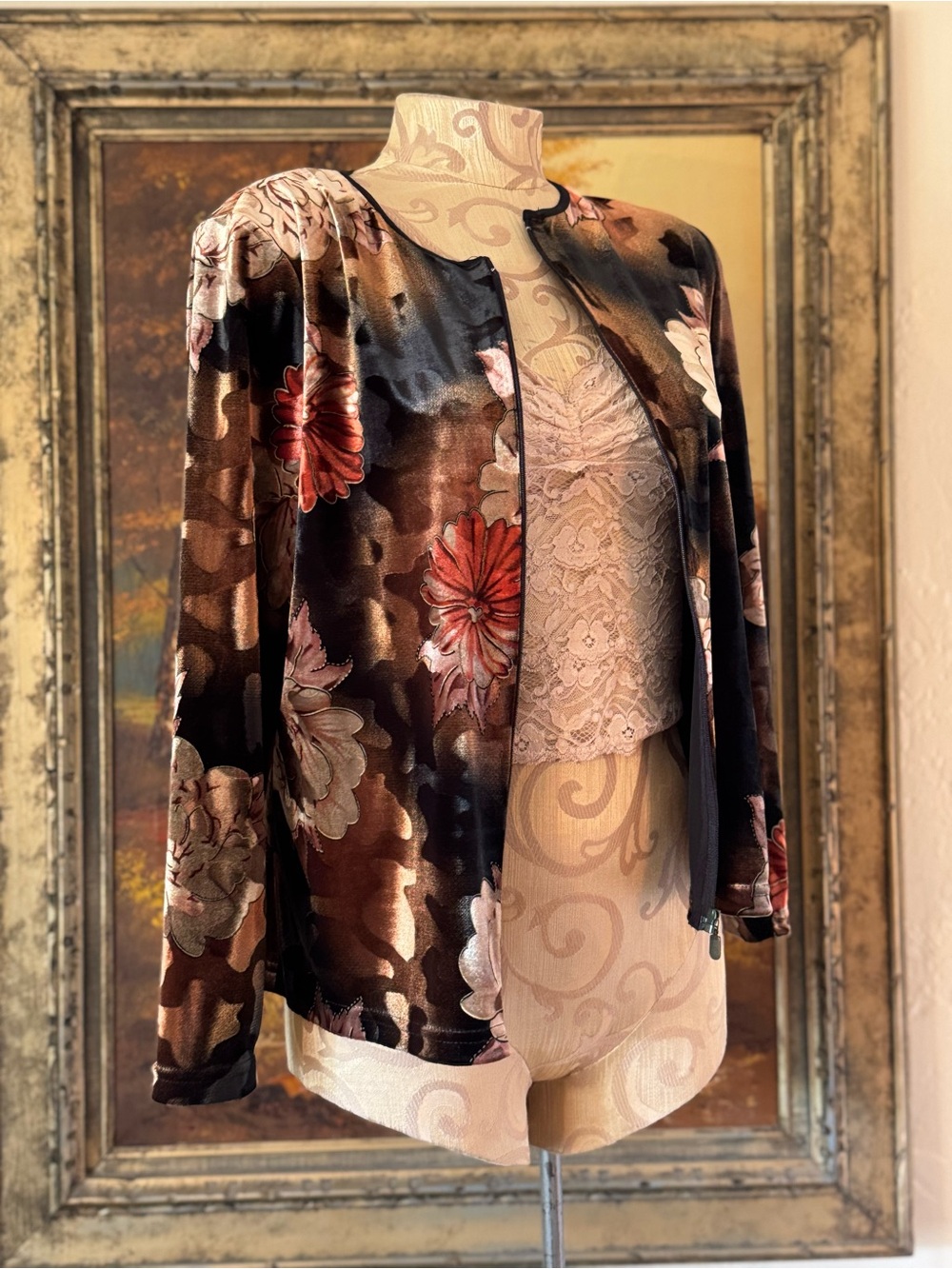 STUNNING Vintage Libra Velvet Floral Zip Cardigan Jacket - M